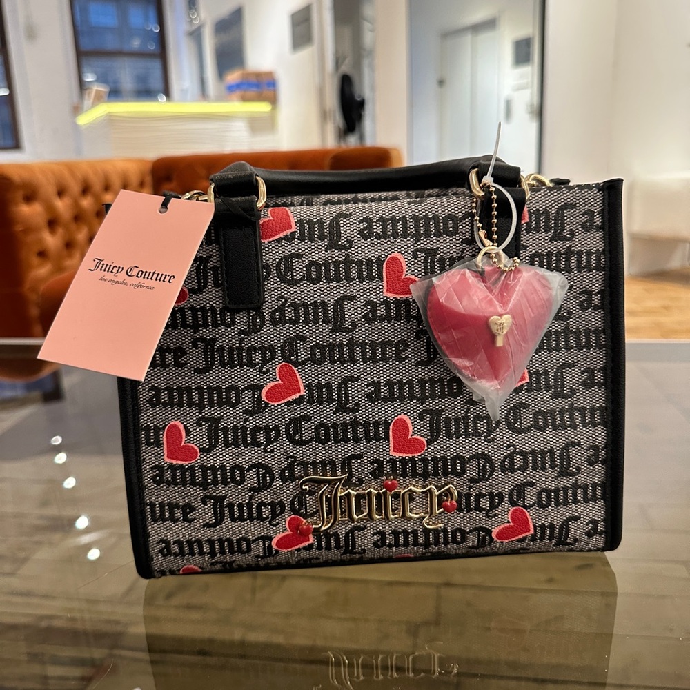 Juicy Couture Black and Gray Shoulder Bag with Red Hearts